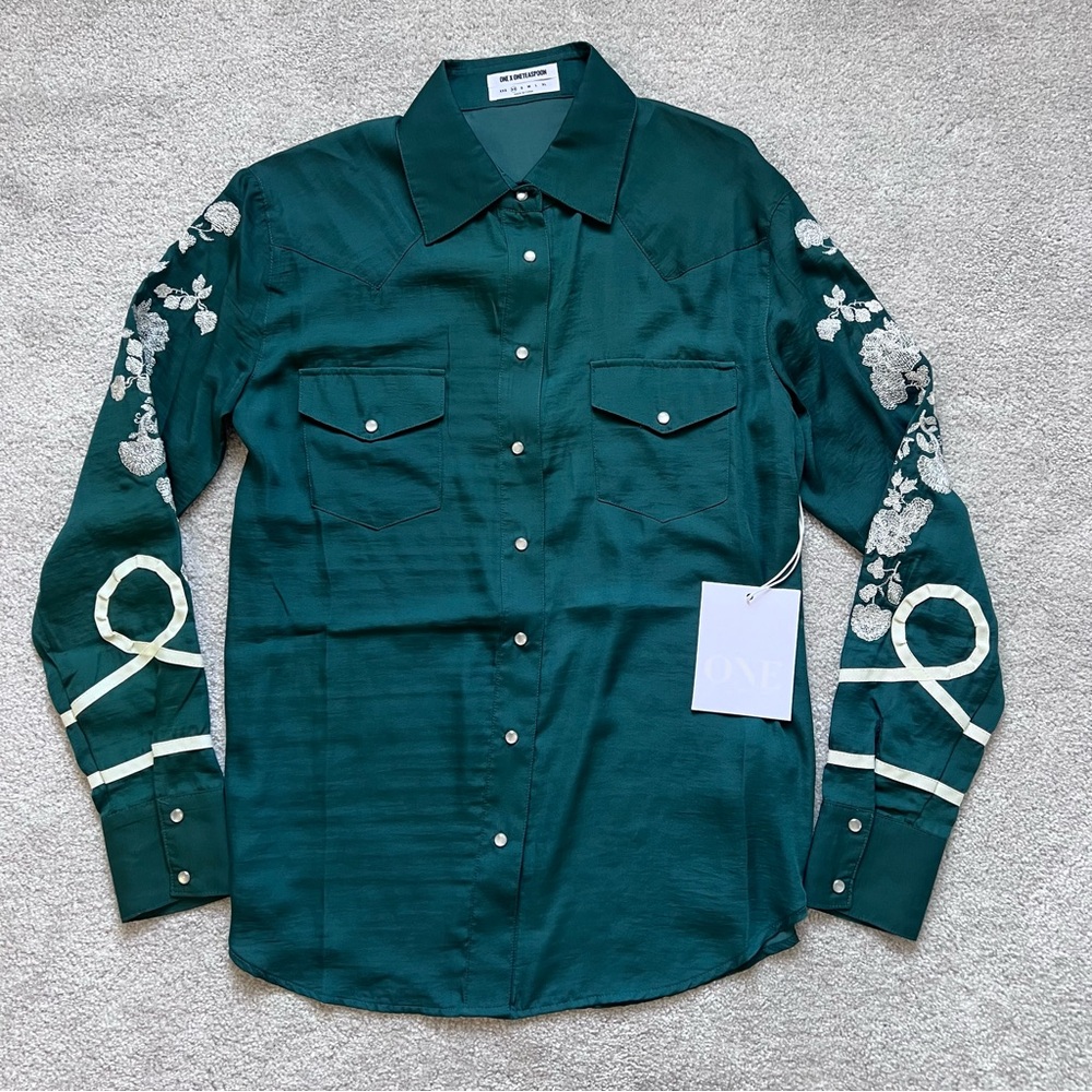 One Teaspoon San Cerena Emerald Green Floral Western Boho Blouse Shirt